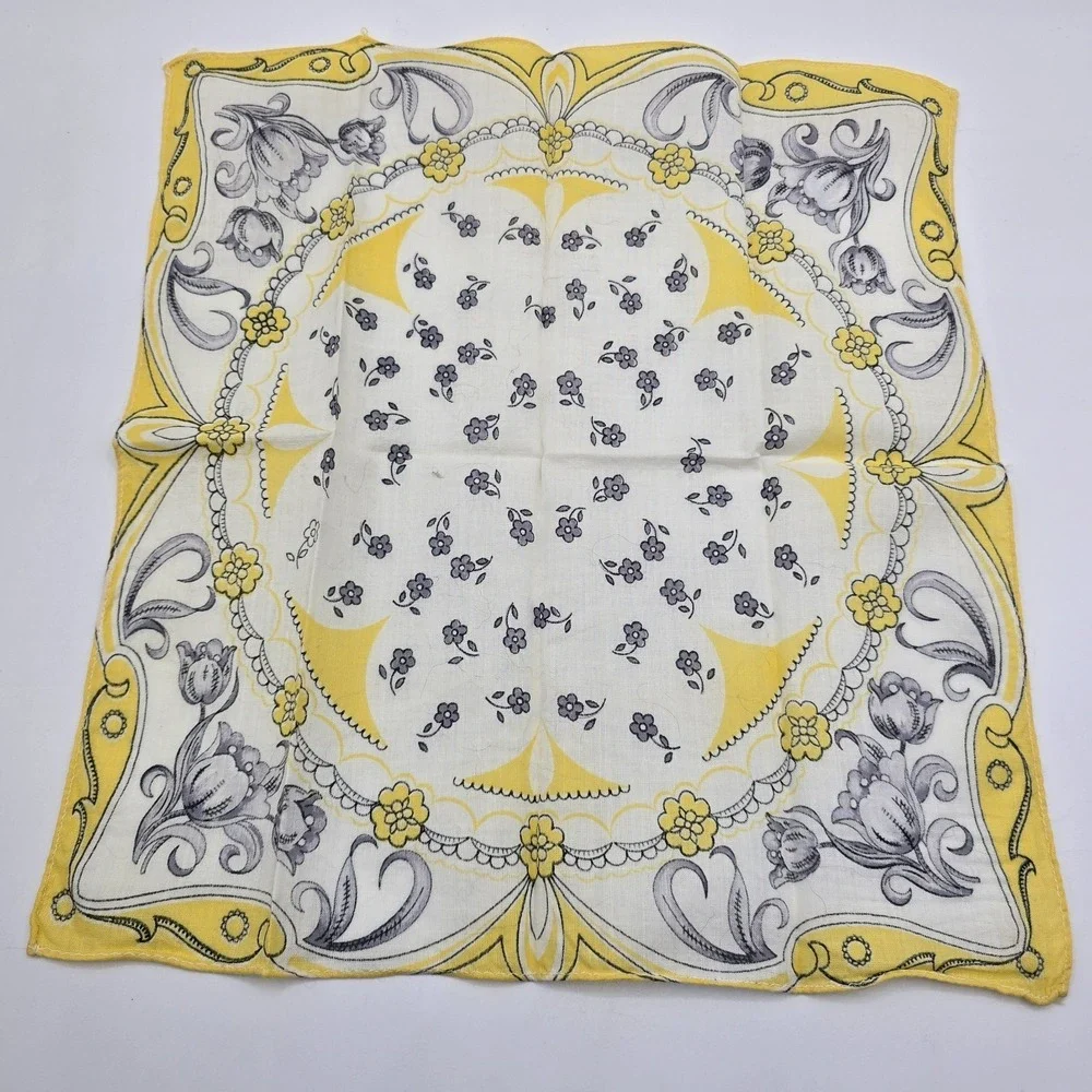 Vintage FLOWERS Ladies‎ Handkerchief Hanky Floral Yellow
